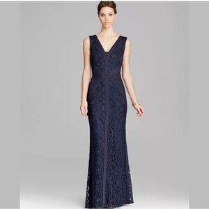 Tadashi Shoji Navy Gown - Sleeveless V Neck Lace